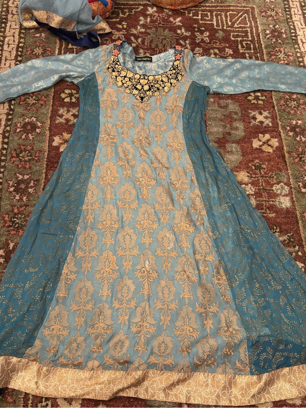 Tena Durrani  Teal Blue Embroidered Flared Shirt, Dupatta and pants
